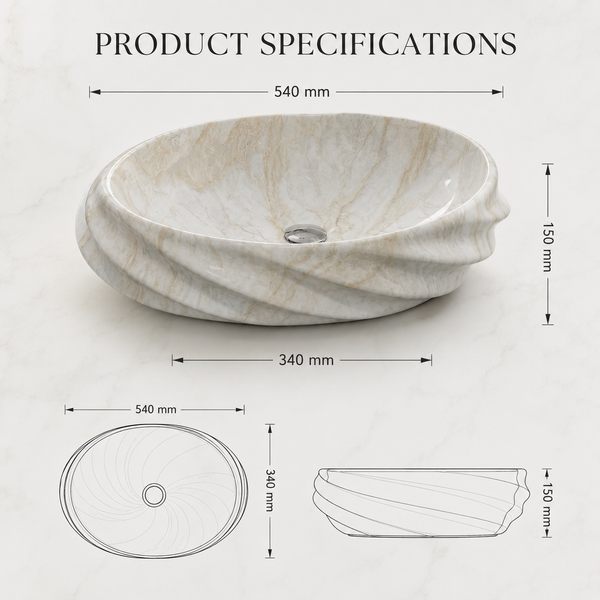 Beige Glossy Marble Oval Countertop Wash Basin – (21" × 13" × 6" IN)