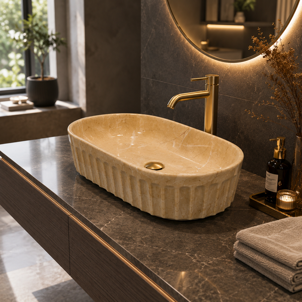 Beige Marble Ceramic Countertop Wash Basin – Luxury Oval Fluted Table Top Basin, Glossy Finish Vessel Sink (22" x 14" x 6")