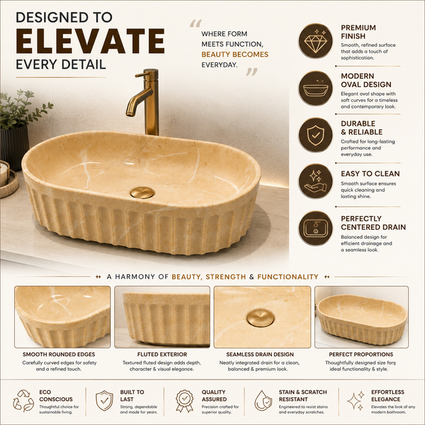Beige Marble Ceramic Countertop Wash Basin – Luxury Oval Fluted Table Top Basin, Glossy Finish Vessel Sink (22" x 14" x 6")