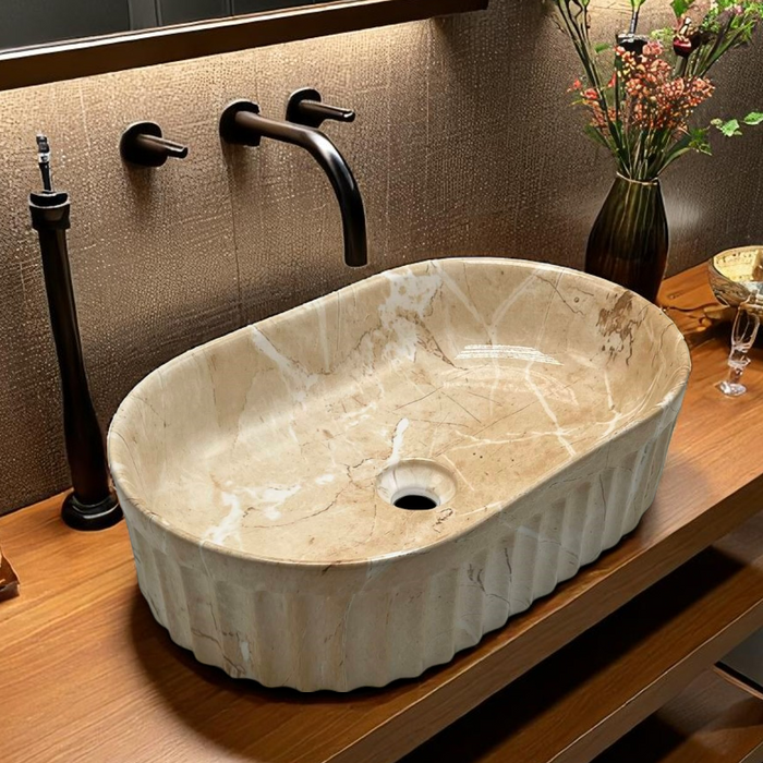 Beige Marble Ceramic Countertop Wash Basin – Luxury Oval Fluted Table Top Basin
