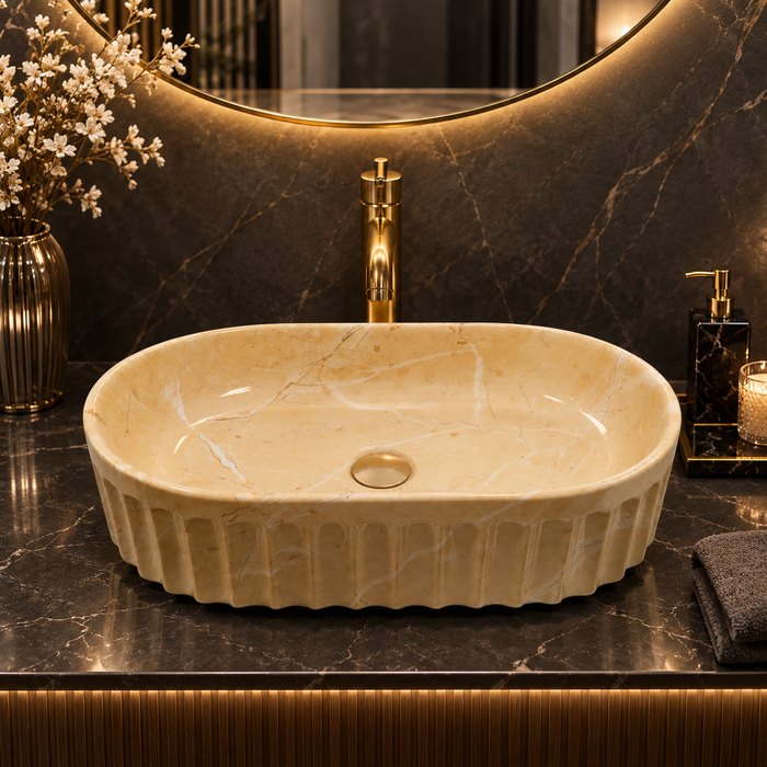 Beige Marble Ceramic Countertop Wash Basin – Luxury Oval Fluted Table Top Basin