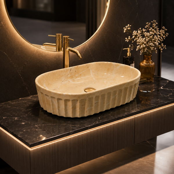 Beige Marble Ceramic Countertop Wash Basin – Luxury Oval Fluted Table Top Basin, Glossy Finish Vessel Sink (22" x 14" x 6")