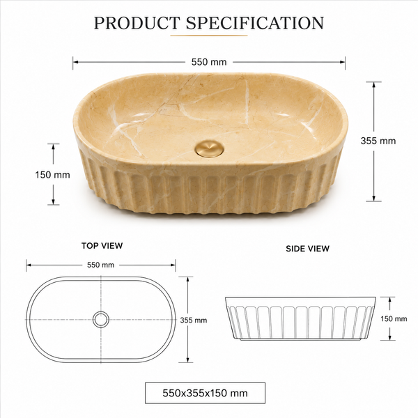 Beige Marble Ceramic Countertop Wash Basin – Luxury Oval Fluted Table Top Basin, Glossy Finish Vessel Sink (22" x 14" x 6")