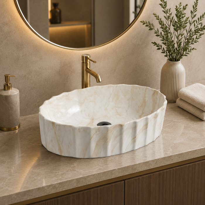 Beige Matte Marble Finish Designer Oval Countertop Wash Basin 