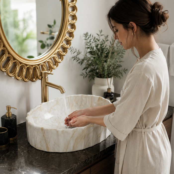 Beige Matte Marble Finish Designer Oval Countertop Wash Basin 