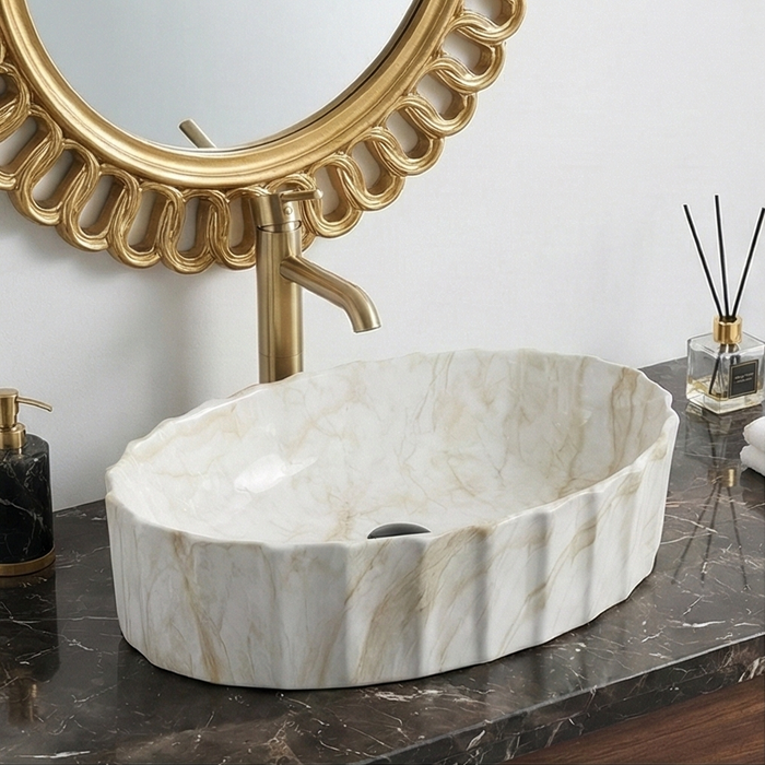 Beige Matte Marble Finish Designer Oval Countertop Wash Basin 
