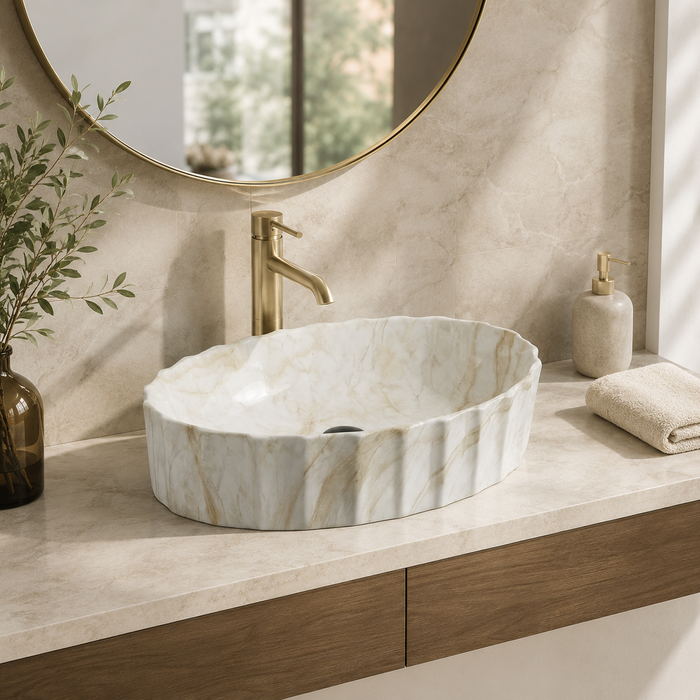 Beige Matte Marble Finish Designer Oval Countertop Wash Basin 