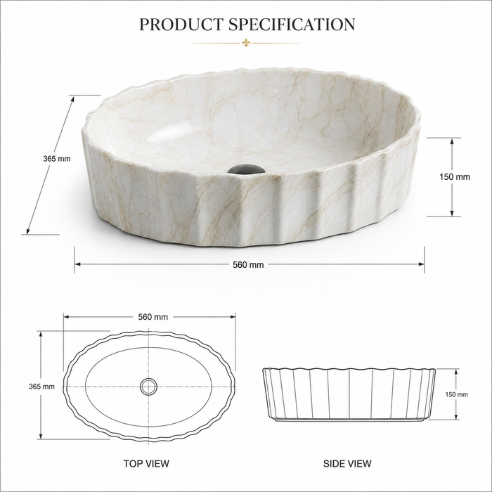 Beige Matte Marble Finish Designer Oval Countertop Wash Basin 