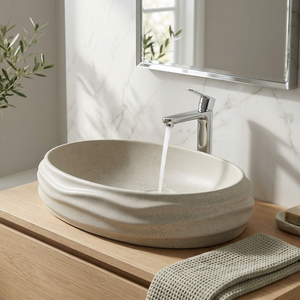 Terrazzo Matt Designer Countertop Wash Basin | Sculpted Oval Basin (22″ × 15″ × 6″ IN) Beige