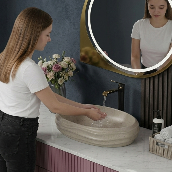 Beige Terrazzo Matt Sculpted Oval Basin 8