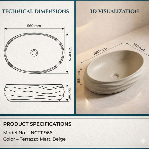 Terrazzo Matt Designer Countertop Wash Basin | Sculpted Oval Basin (22″ × 15″ × 6″ IN) Beige