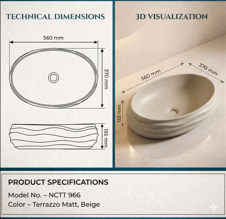 Beige Terrazzo Matt Sculpted Oval Basin Size
