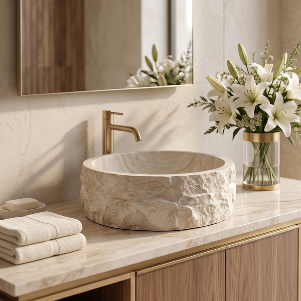 Beige Artificial Stone Table Top Wash Basin – 15.7 × 15.7 × 5.5 Inch | Matte Rock Texture Countertop Basin
