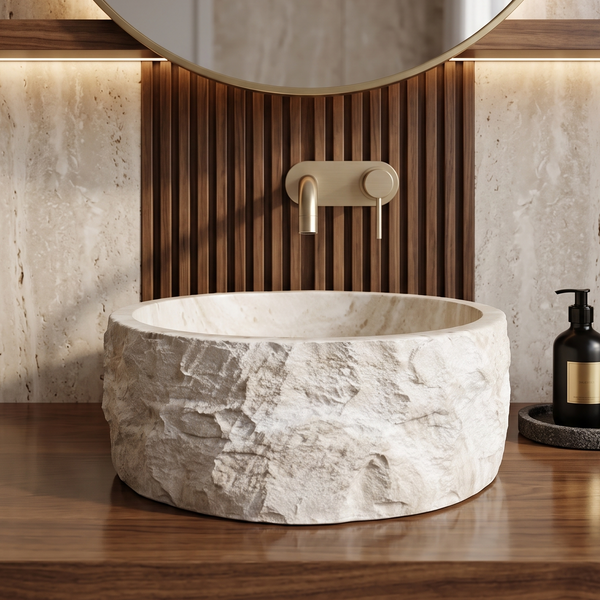 Beige Artificial Stone Table Top Wash Basin – 15.7 × 15.7 × 5.5 Inch | Matte Rock Texture Countertop Basin