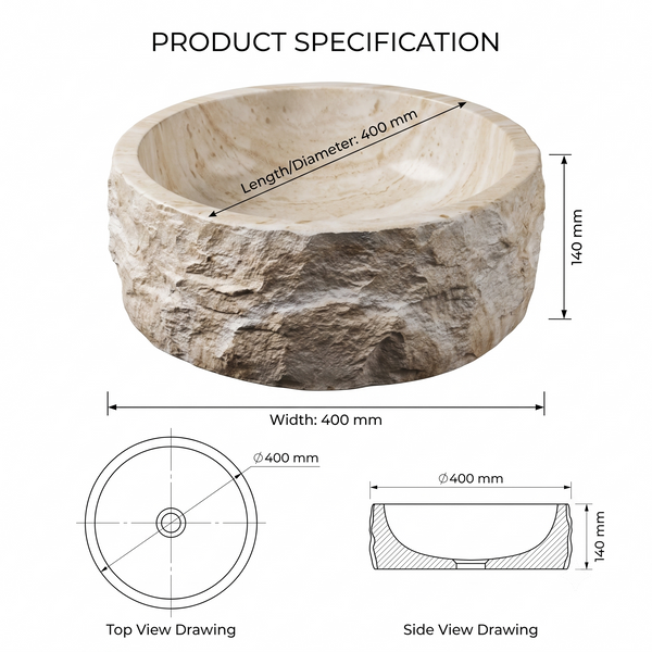 Beige Artificial Stone Table Top Wash Basin – 15.7 × 15.7 × 5.5 Inch | Matte Rock Texture Countertop Basin