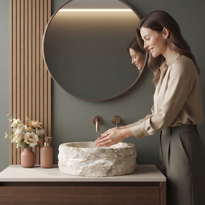 Beige artificial stone table top wash basin with matte finish, round shape and natural rock textured exterior, 400 × 400 × 140 mm.