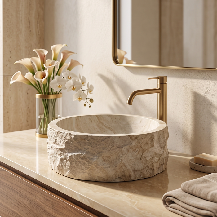 Beige artificial stone table top wash basin with matte finish, round shape and natural rock textured exterior, 400 × 400 × 140 mm.