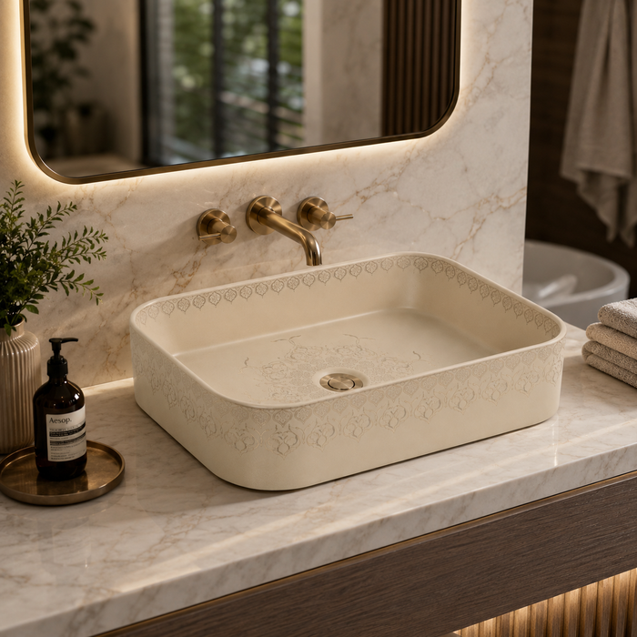 Beige designer table top wash basin with decorative pattern, rounded rectangular shape and 500 × 345 × 120 mm size for modern bathroom countertop.