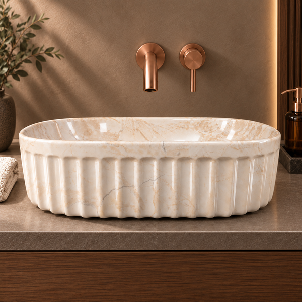 Beige Marble Ceramic Table Top Wash Basin – 21.7 × 13.8 × 5.9 Inch | Glossy Designer Countertop Basin
