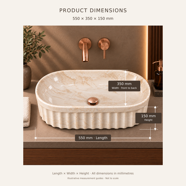 Beige Marble Ceramic Table Top Wash Basin – 21.7 × 13.8 × 5.9 Inch | Glossy Designer Countertop Basin