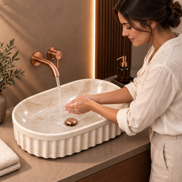 Beige Marble Ceramic Table Top Wash Basin – 21.7 × 13.8 × 5.9 Inch | Glossy Designer Countertop Basin