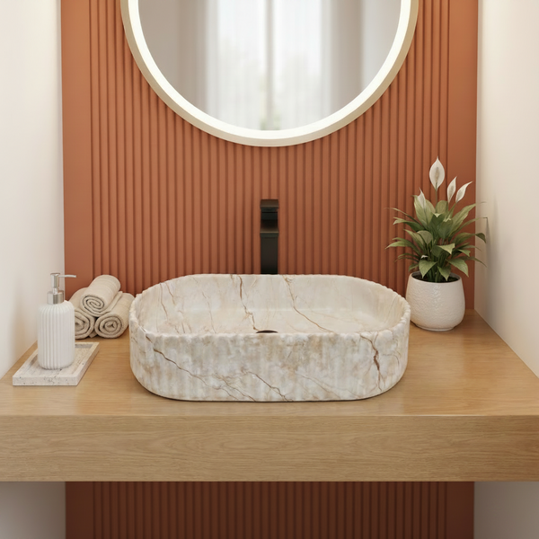 Beige Marble Fluted Ceramic Table Top Wash Basin – 510×310×120 mm