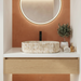 Beige marble fluted ceramic table top wash basin, 510x310x120 mm, with oval oblong shape and ribbed exterior for modern luxury bathrooms.