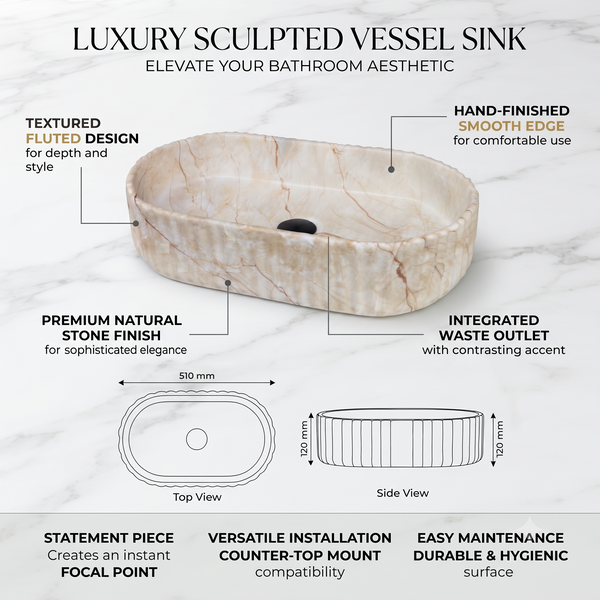 Beige Marble Fluted Ceramic Table Top Wash Basin – 510×310×120 mm