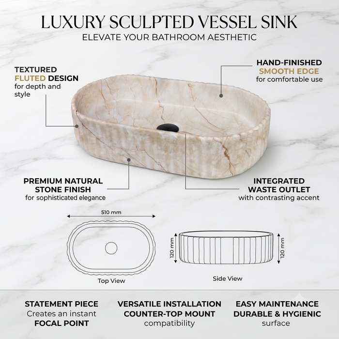 Beige marble fluted ceramic table top wash basin, 510x310x120 mm, with oval oblong shape and ribbed exterior for modern luxury bathrooms.