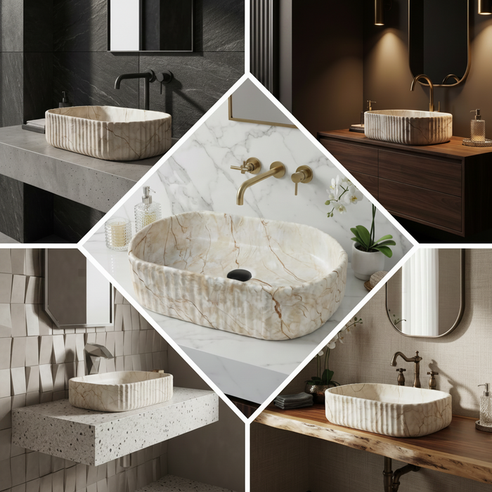 Beige marble fluted ceramic table top wash basin, 510x310x120 mm, with oval oblong shape and ribbed exterior for modern luxury bathrooms.