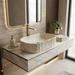 Beige marble fluted ceramic table top wash basin, 510x310x120 mm, with oval oblong shape and ribbed exterior for modern luxury bathrooms.