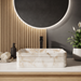 Beige onyx marble pattern ceramic rectangular table top wash basin 460x325x125 mm with rounded corners and horizontal ribbed exterior.