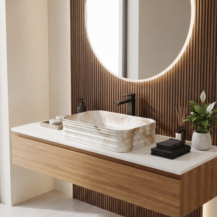 Beige onyx marble pattern ceramic rectangular table top wash basin 460x325x125 mm with rounded corners and horizontal ribbed exterior.
