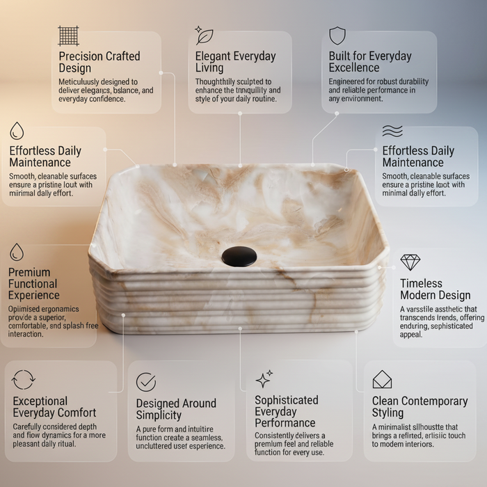 Beige onyx marble pattern ceramic rectangular table top wash basin 460x325x125 mm with rounded corners and horizontal ribbed exterior.