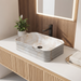 Beige onyx marble pattern ceramic rectangular table top wash basin 460x325x125 mm with rounded corners and horizontal ribbed exterior.