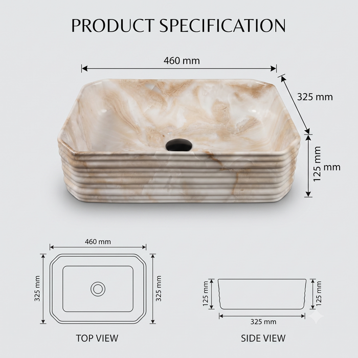 Beige onyx marble pattern ceramic rectangular table top wash basin 460x325x125 mm with rounded corners and horizontal ribbed exterior.