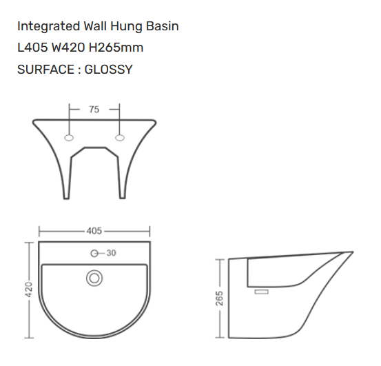 Bassino Berlin Wall Hung Wash Basin – Glossy Finish | Integrated Designer Basin 405×420×265 mm