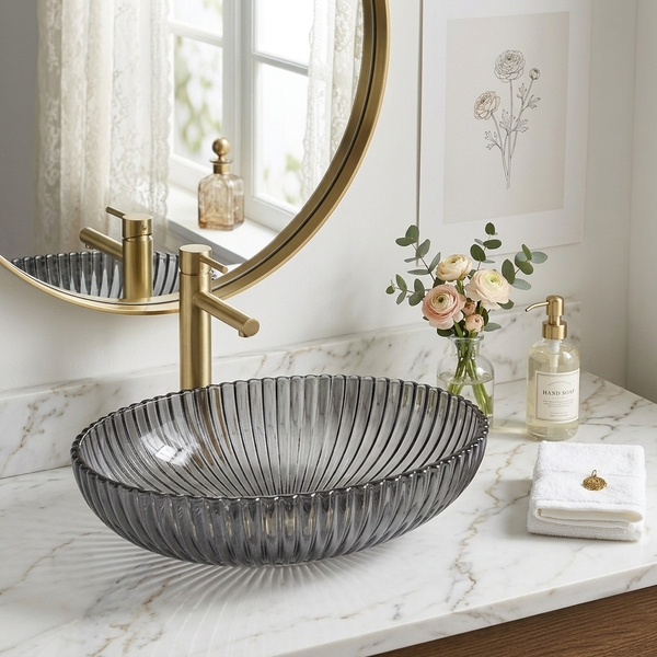 Premium Black Glass Table Top Wash Basin, Transparent Finish (530x350x150 MM) Black