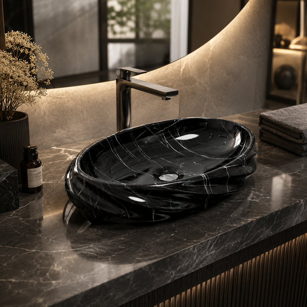 Black Glossy Ceramic Oval Countertop Wash Basin – (21" × 13" × 6" IN)