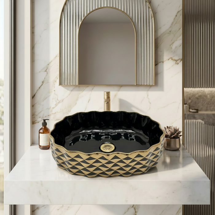 Black Gold Geometric Ceramic Countertop Wash Basin 