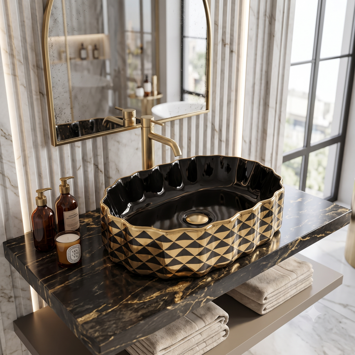Black Gold Geometric Ceramic Countertop Wash Basin 