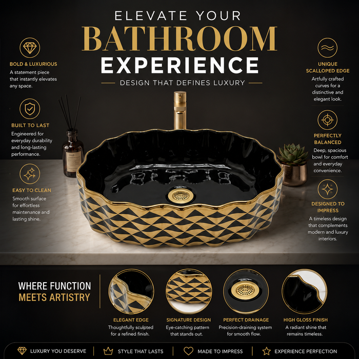 Black Gold Geometric Ceramic Countertop Wash Basin 