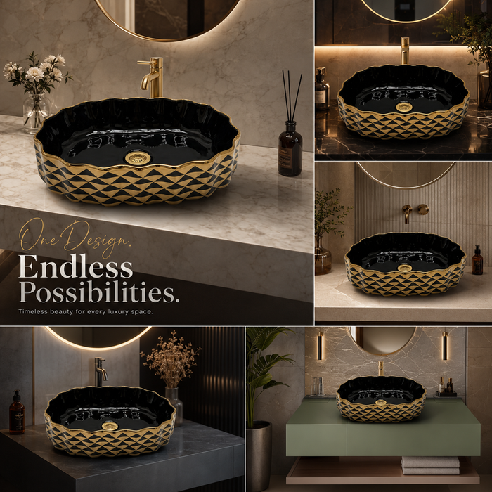 Black Gold Geometric Ceramic Countertop Wash Basin 