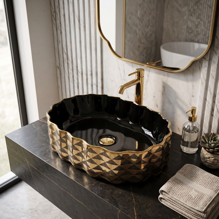Black Gold Geometric Ceramic Countertop Wash Basin 