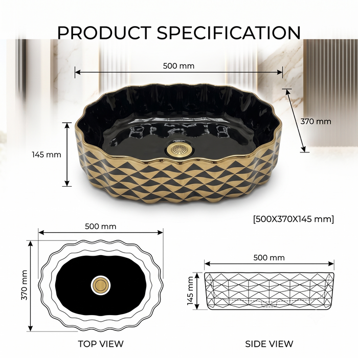 Black Gold Geometric Ceramic Countertop Wash Basin 