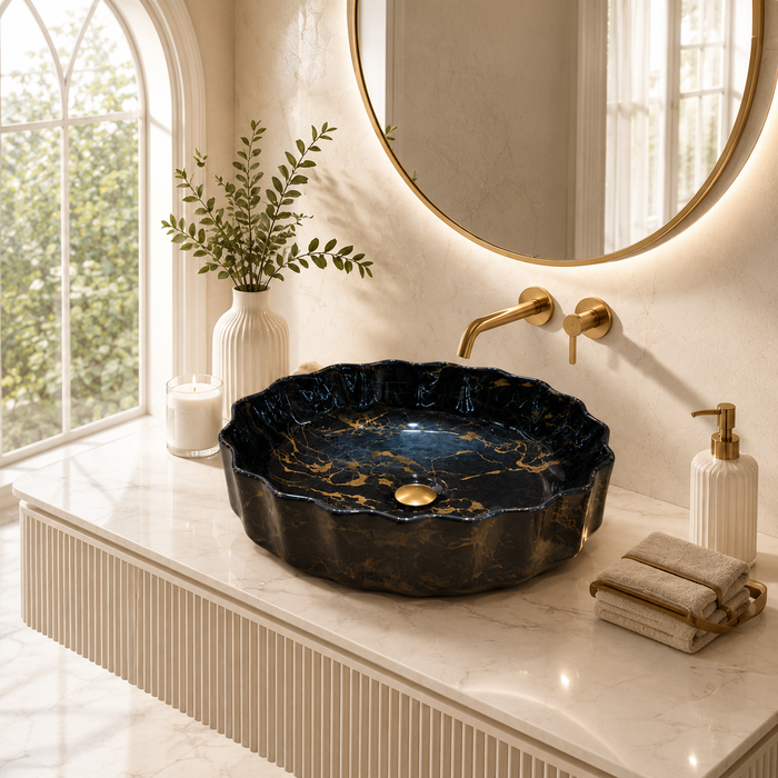 Black Gold Marble Design Ceramic Countertop Wash Basin 
