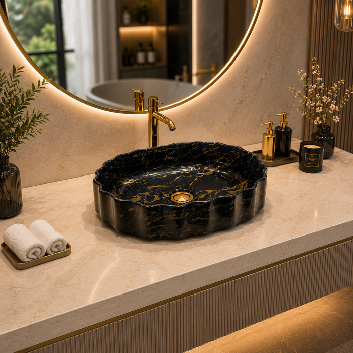 Black Gold Marble Design Ceramic Countertop Wash Basin 