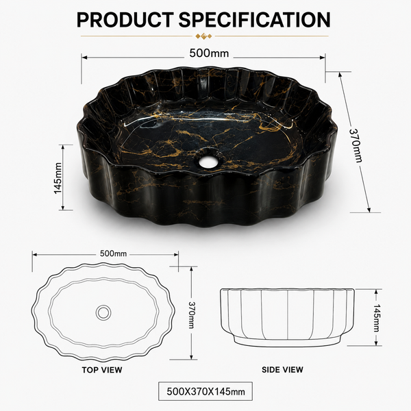 Black Gold Marble Design Ceramic Countertop Wash Basin – Luxury Unique Shape Table Top Basin, Glossy Finish Vessel Sink (20" x 15" x 5.5")