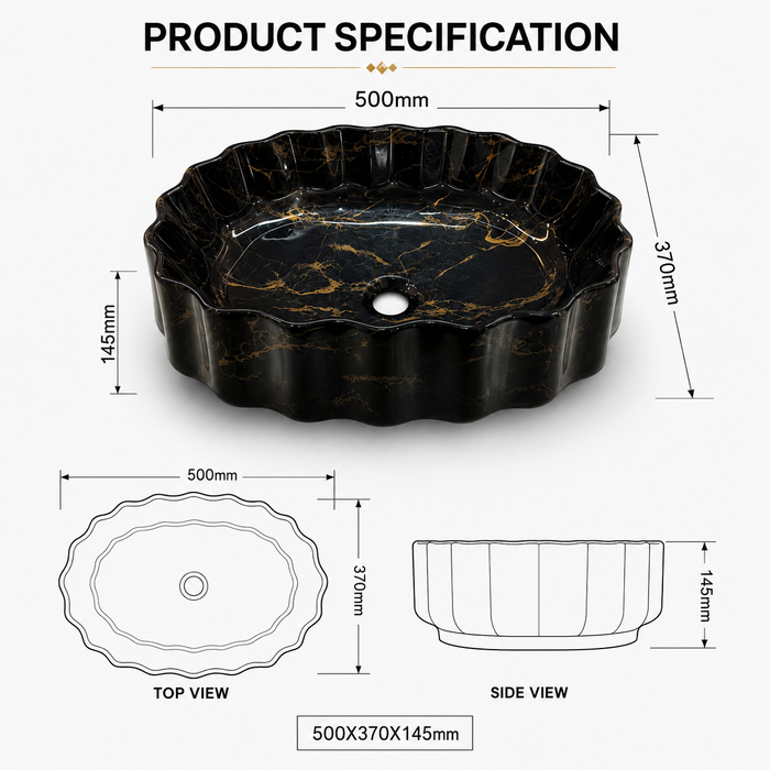 Black Gold Marble Design Ceramic Countertop Wash Basin 