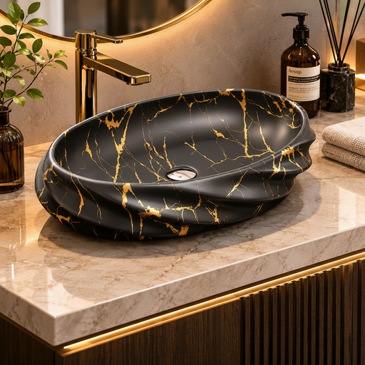Black Gold Matte Ceramic Oval Countertop Wash Basin
